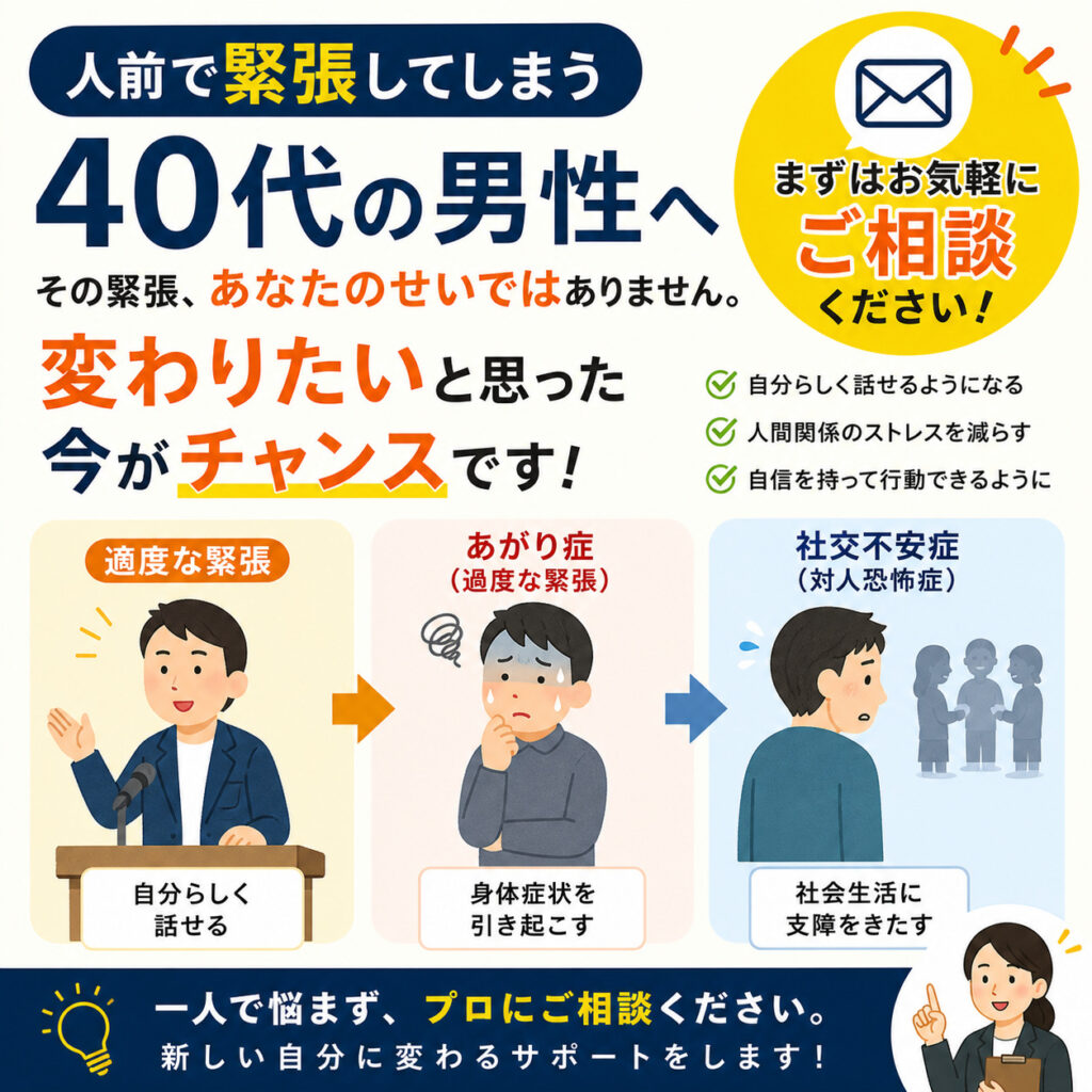 【人前で緊張して、本来の自分が出せない40代男性】